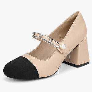 NEW Classic Two-Tone Mary Jane Block Heel Cap Toe Vegan Leather Shoes 8